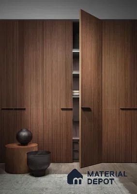 Minimalist wardrobe with walnut brown fluted laminate shutters and wood flooring | Material Depot