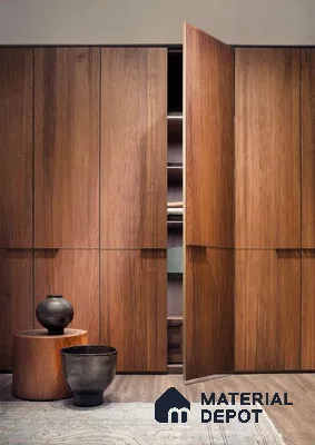 Minimalist wardrobe with walnut brown fluted wooden laminate and wood flooring | Material Depot