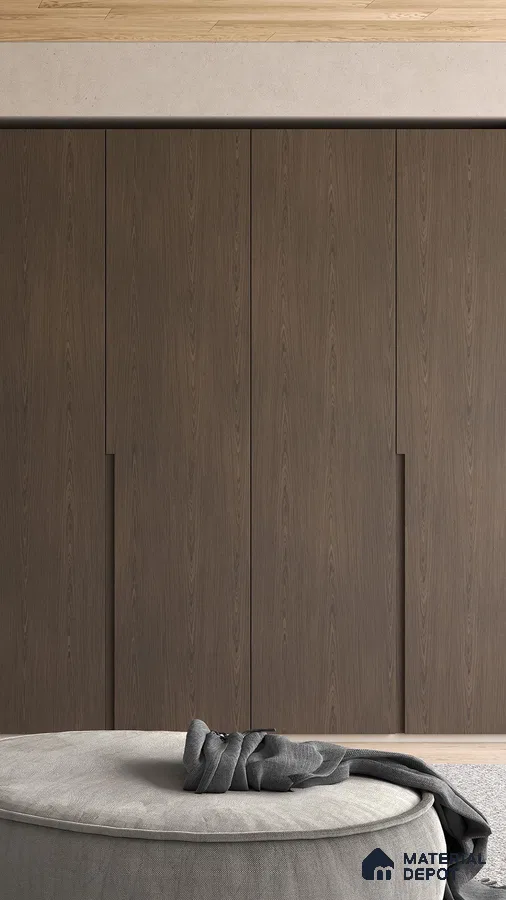 Minimalist wardrobe with walnut brown wood laminate shutters and light oak wooden flooring | Material Depot