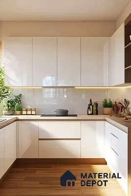Minimalist White Gloss Kitchen With Wood Accents And Natural Lighting | Material Depot