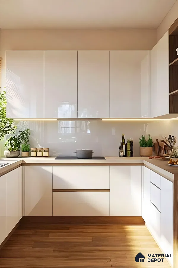 Minimalist White Gloss Kitchen With Wood Accents And Natural Lighting | Material Depot