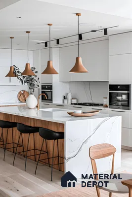 Minimalist White Kitchen with Marble Countertop | Material Depot