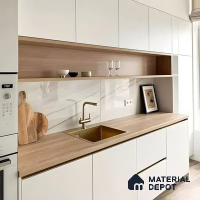 Minimalist White Kitchen with Wooden Countertops and Gold Accents | Material Depot