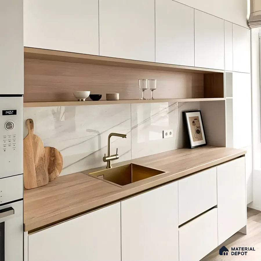 Minimalist White Kitchen with Wooden Countertops and Gold Accents | Material Depot