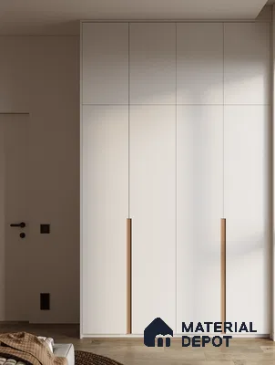 Minimalist white laminate wardrobe with wooden handles and light oak flooring | Material Depot