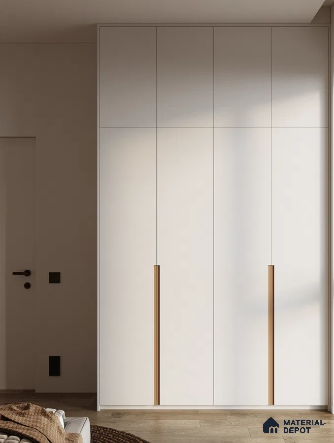 Minimalist white laminate wardrobe with wooden handles and light oak flooring | Material Depot