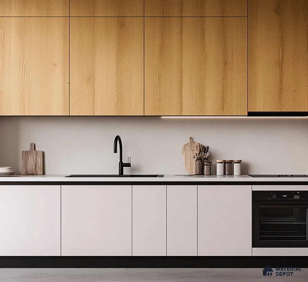 Minimalist Wooden Laminate and White Cabinetry for Modern Kitchen Design | Material Depot