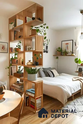 Minimalist Wooden Room Divider with Open Shelving | Material Depot