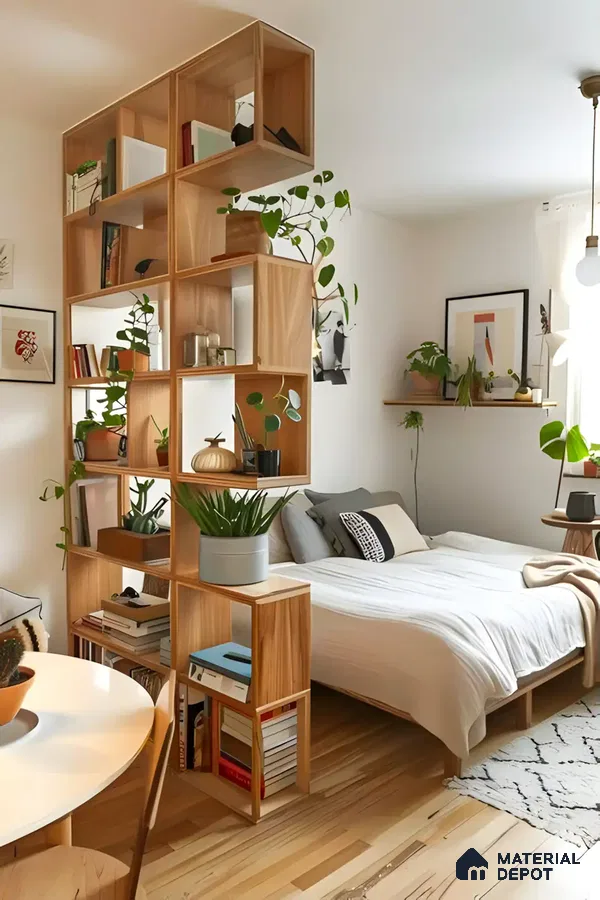 Minimalist Wooden Room Divider with Open Shelving | Material Depot