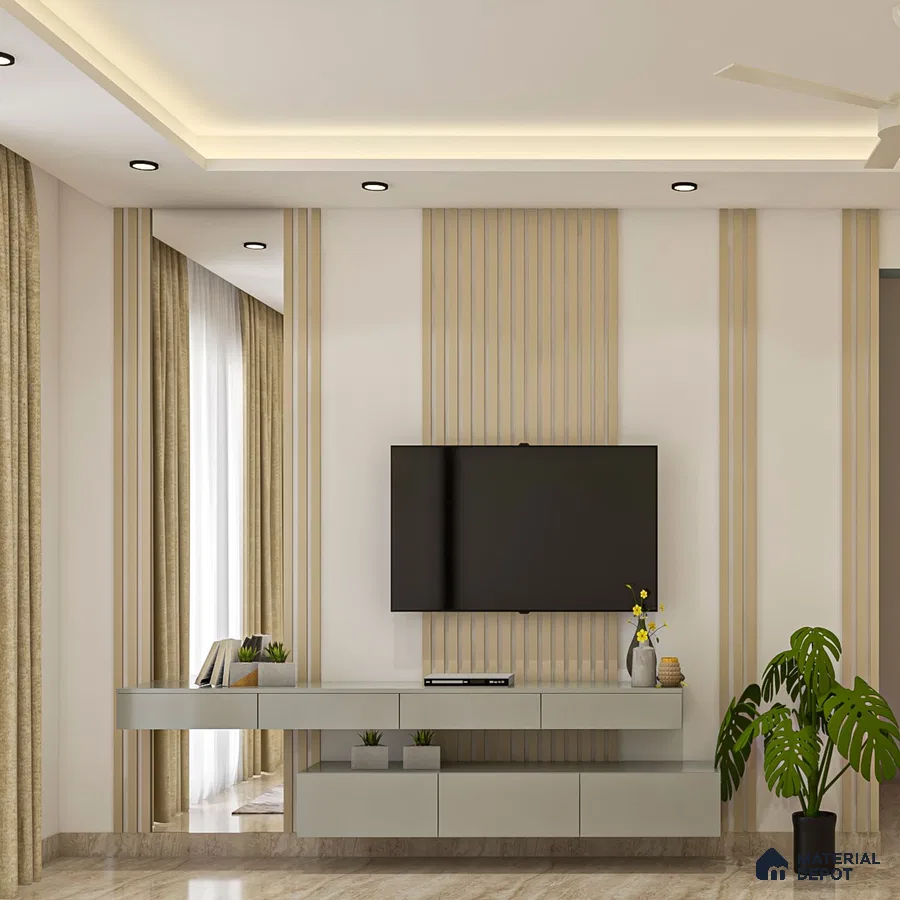 A living room with white walls and ceiling, a beige accent wall, a flat screen TV, a white console, some plants and vases