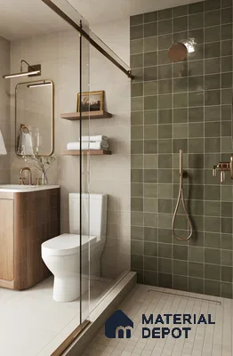 Minimalistic bathroom retreat with green subway tiles | Material Depot