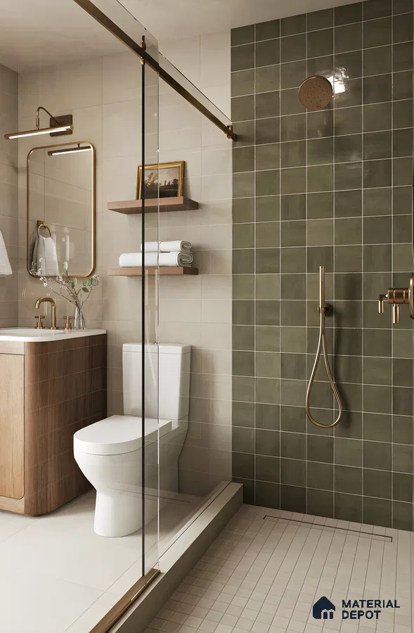 Minimalistic bathroom retreat with green subway tiles | Material Depot