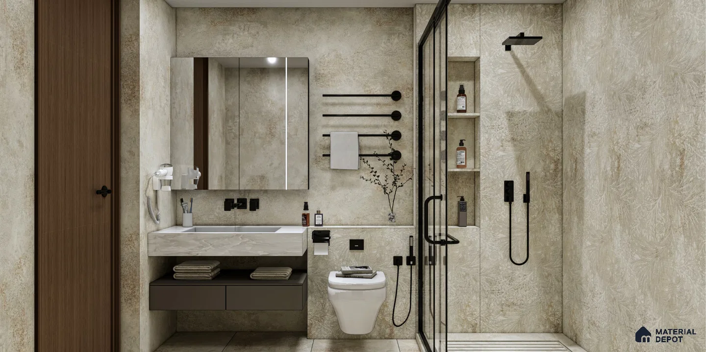 Minimalistic Beige Bathroom with Subtle Floral Textured Tiles | Material Depot