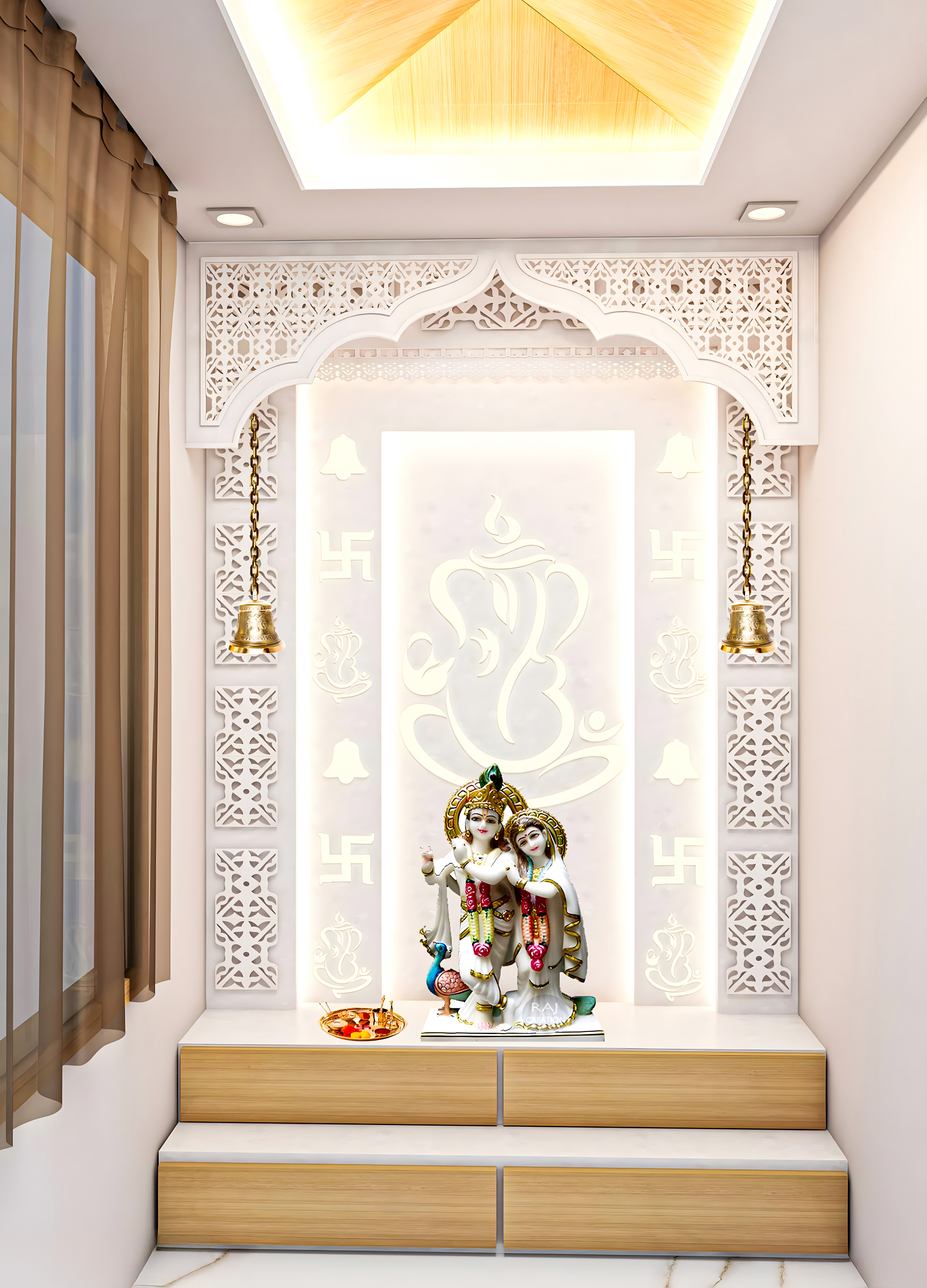 Minimalistic Pooja Room with Intricate Lattice Design and Backlit Wall | Material Depot
