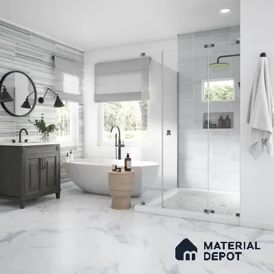 Bathroom with patterned marble tile and grey laminate