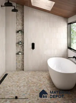 Bathroom with patterned stone tiles and beige wall tiles