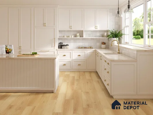 Cream laminate and wooden flooring kitchen with faucet