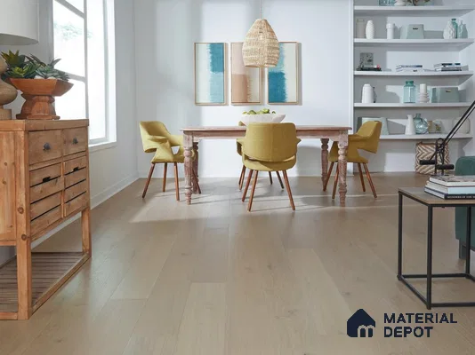Dining area with wooden cabinet and wooden laminate flooring