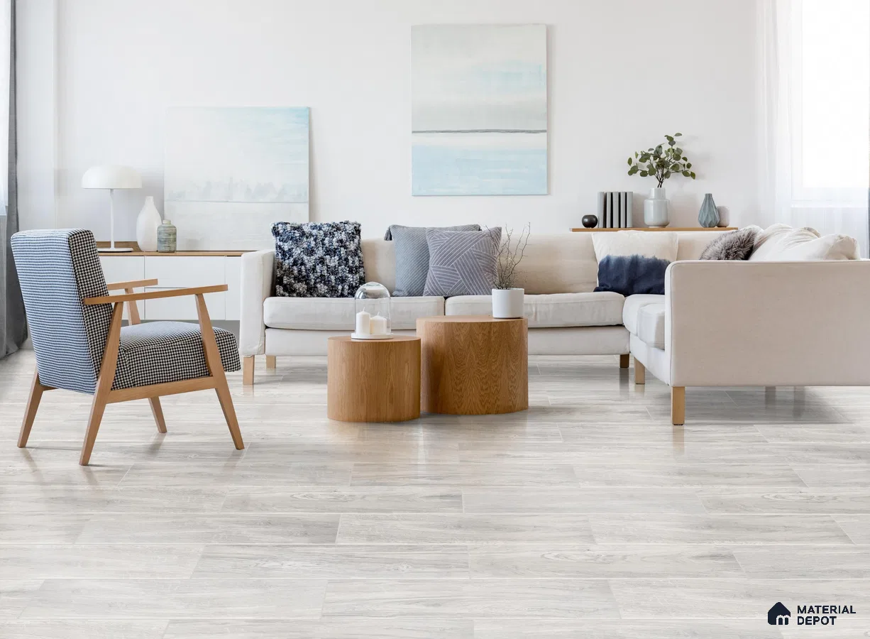 Living room with beige wooden laminate flooring