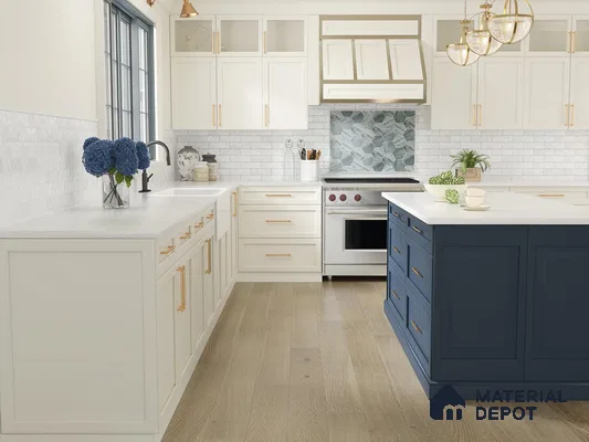 Kitchen with white laminate and blue laminate with wooden flooring