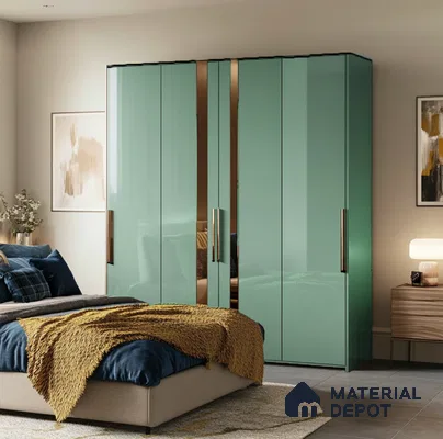 Mint Green Gloss Laminate Wardrobe with Gold Handles in Modern Bedroom | Material Depot