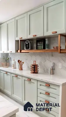 Mint Green Shaker Style Kitchen Cabinets With Marble Quartz Countertop And Hexagonal Marble Backsplash | Material Depot