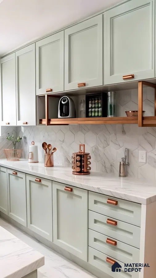 Mint Green Shaker Style Kitchen Cabinets With Marble Quartz Countertop And Hexagonal Marble Backsplash | Material Depot