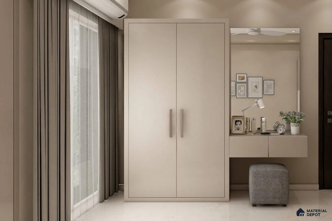 Modern 2-Door Wardrobe with Wall-Mounted Mirror.