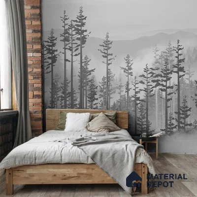 A close-up of a Manali, Misty Mountain Forest Wallpaper Indrani Series Soft Feel Tropical Design (Customised Size Wallpaper )available at Material Depot in Bangalore