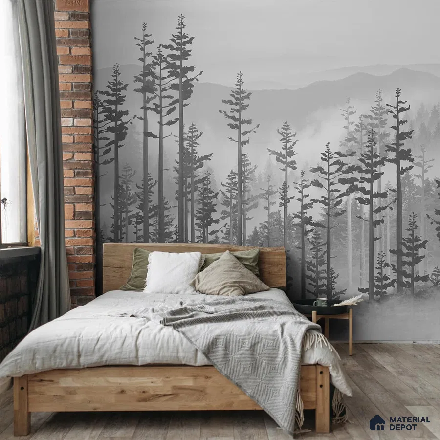 A close-up of a Manali, Misty Mountain Forest Wallpaper Indrani Series Soft Feel Tropical Design (Customised Size Wallpaper )available at Material Depot in Bangalore