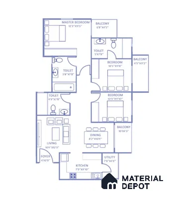 Modern 3BHK apartment floor plan with kitchen, living, dining, bedrooms, balconies, and utility in Purva-Riviera-Whitefield 3 BHK Bengaluru Apartment