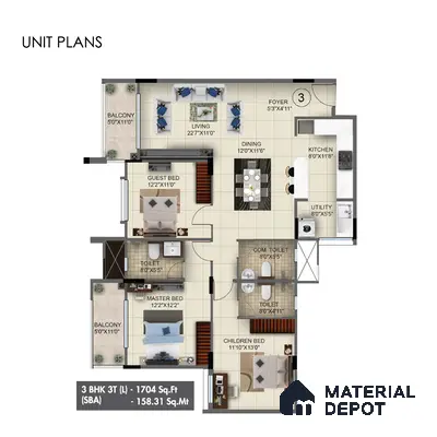 Modern 3BHK apartment floor plan with tiled flooring and modular kitchen layout in Sattva Anugraha Vijayanagar 3 BHK Bengaluru Apartment