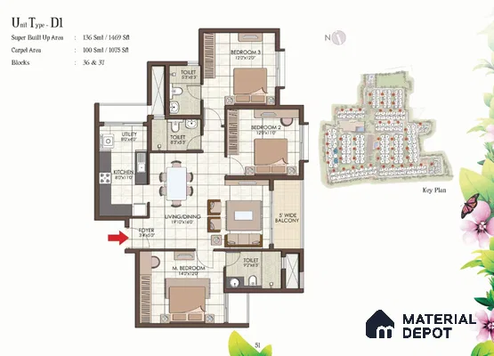 Modern 3BHK apartment floor plan with tiled flooring and open living-dining layout in Prestige Kew Gardens Bellandur 3 BHK Bengaluru Apartment