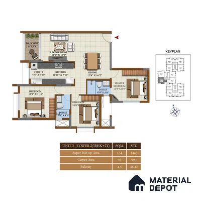 Modern 3BHK apartment floor plan with tiled flooring and open plan living, dining, and kitchen layout in Sattva Oppus Whitefield 3 BHK Bengaluru Apartment