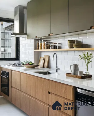 Modern Two-Tone Kitchen with Olive Green Cabinets and Wooden Accents | Material Depot