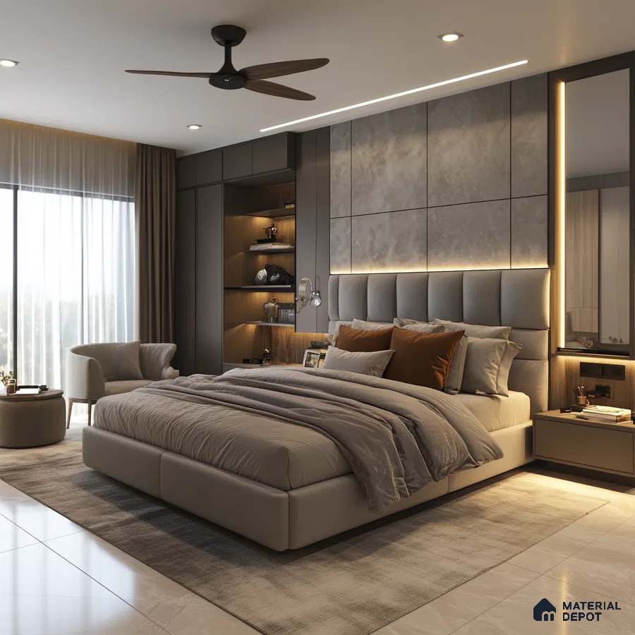 Modern and Luxurious Bedroom Design with Integrated Lighting and Textured Walls Godrej Woodland Sarjapur Road | Material Depot