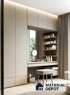 Modern and Sleek Beige Wardrobe with Built-In Vanity | Material Depot