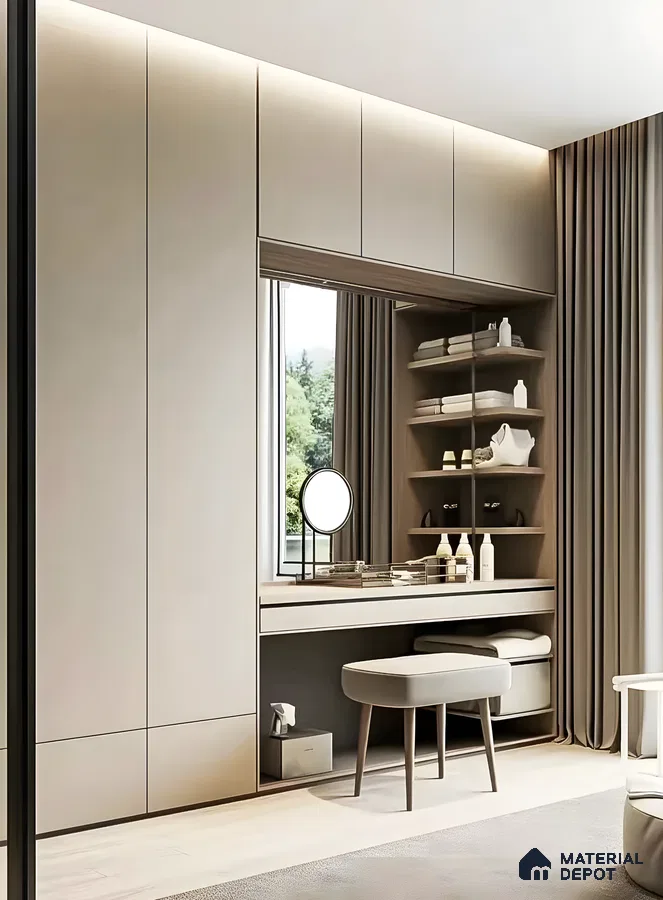 Modern and Sleek Beige Wardrobe with Built-In Vanity | Material Depot