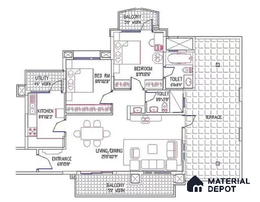 Modern apartment floor plan with kitchen, bedrooms, living/dining, utility, terrace, and balconies in Purva Fountain Square Marathahalli 2 BHK Bengaluru Apartment