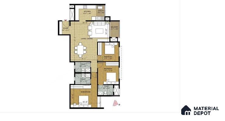 Modern apartment floor plan with tiled living-dining, wooden flooring in bedrooms, and balcony in Purva Midtown B-Narayanapura 3 BHK Bengaluru Apartment