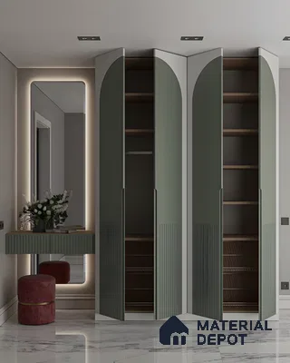 Modern Arched Fluted Wardrobe, Vanity, and Mirror | Material Depot