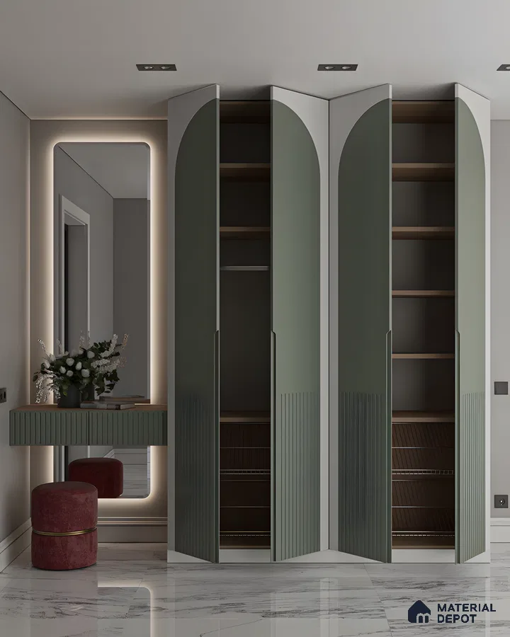 Modern Arched Fluted Wardrobe, Vanity, and Mirror | Material Depot