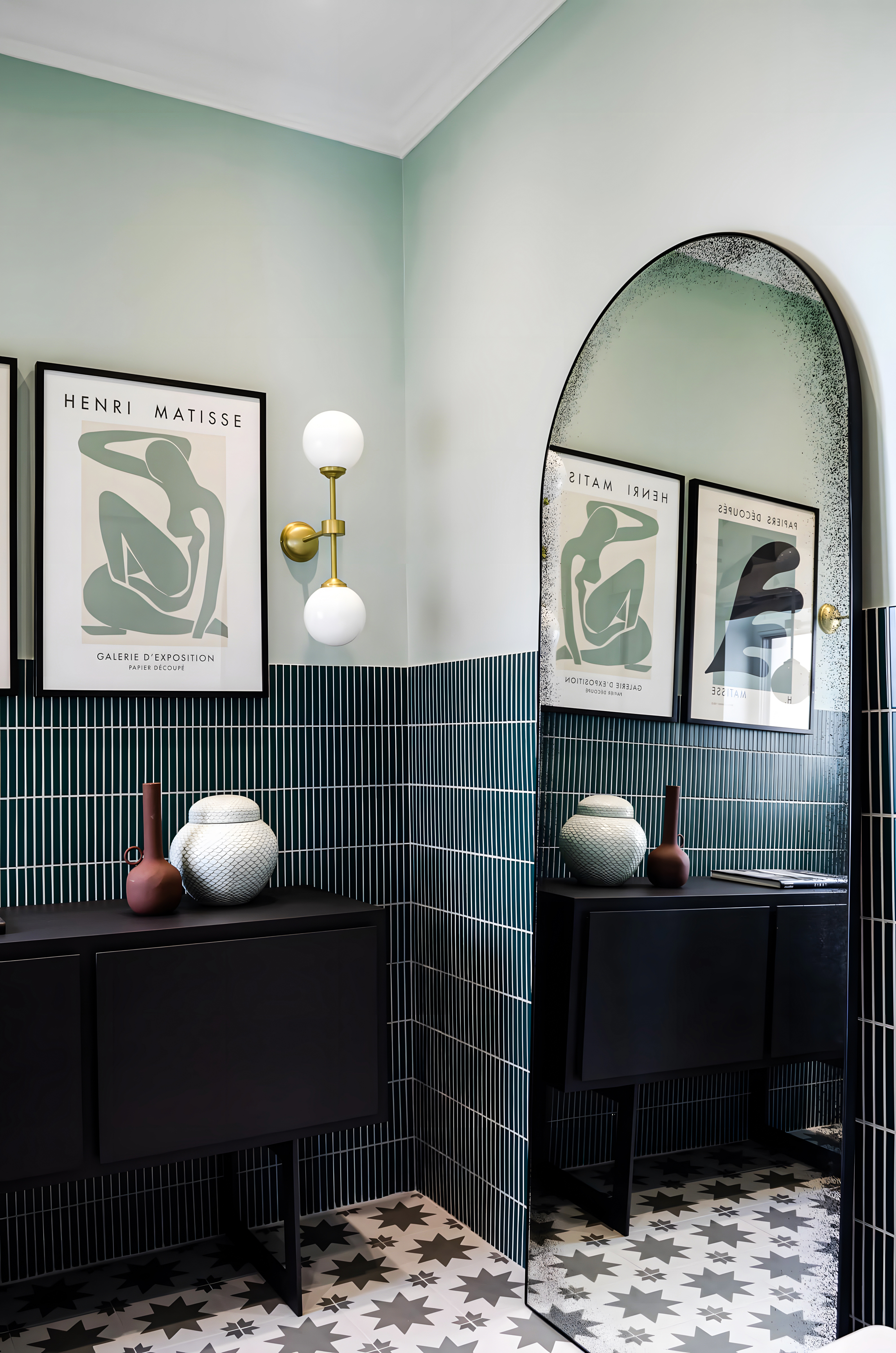 Modern Artistry in Mint: Sophisticated Bathroom with Matisse Prints and Mint Green Walls | Material Depot
