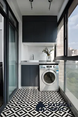 Modern Balcony Laundry Area with Black and White Tiles | Material Depot