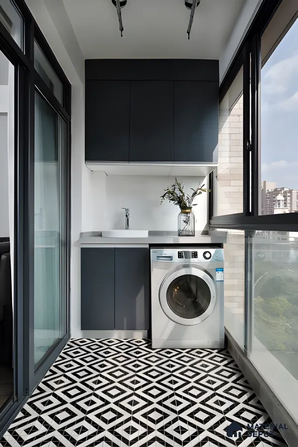Modern Balcony Laundry Area with Black and White Tiles | Material Depot