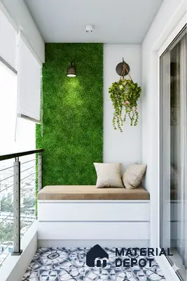 Modern balcony with artificial grass wall panel and geometric patterned floor tiles in Purva-Riviera-Whitefield 3 BHK Bengaluru Apartment