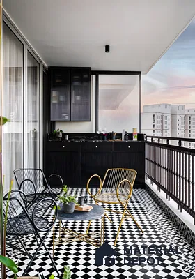 Modern Balcony with Black and White Checkerboard Tiles | Material Depot
