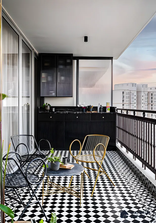 Modern Balcony with Black and White Checkerboard Tiles | Material Depot