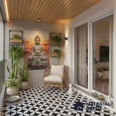 Modern balcony with black-and-white geometric floor tiles and wooden ceiling panels