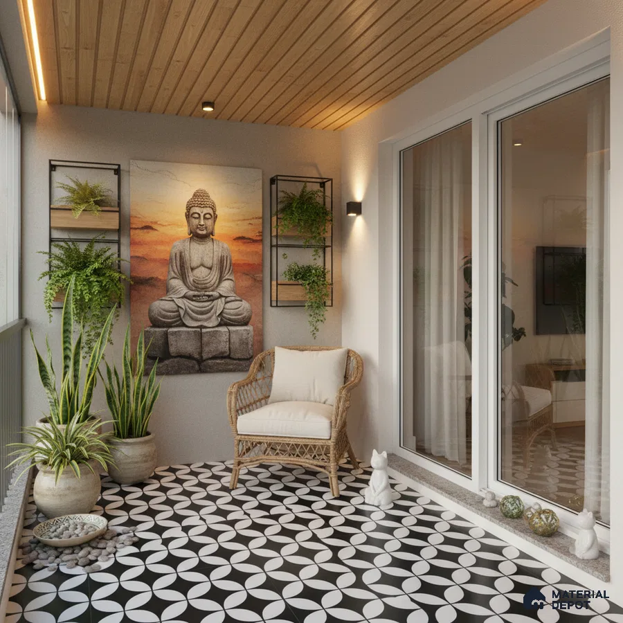 Modern balcony with black-and-white geometric floor tiles and wooden ceiling panels